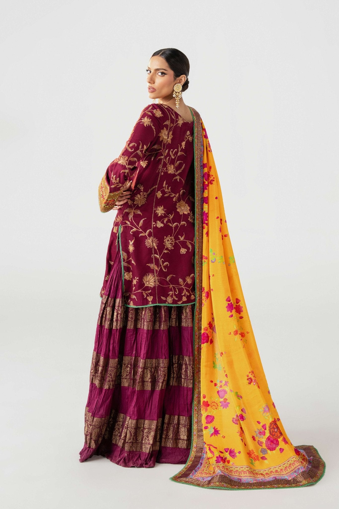 Pakistani Deep Burgundy Embroidered Lawn Sharara Set (3-Piece) - Image 7