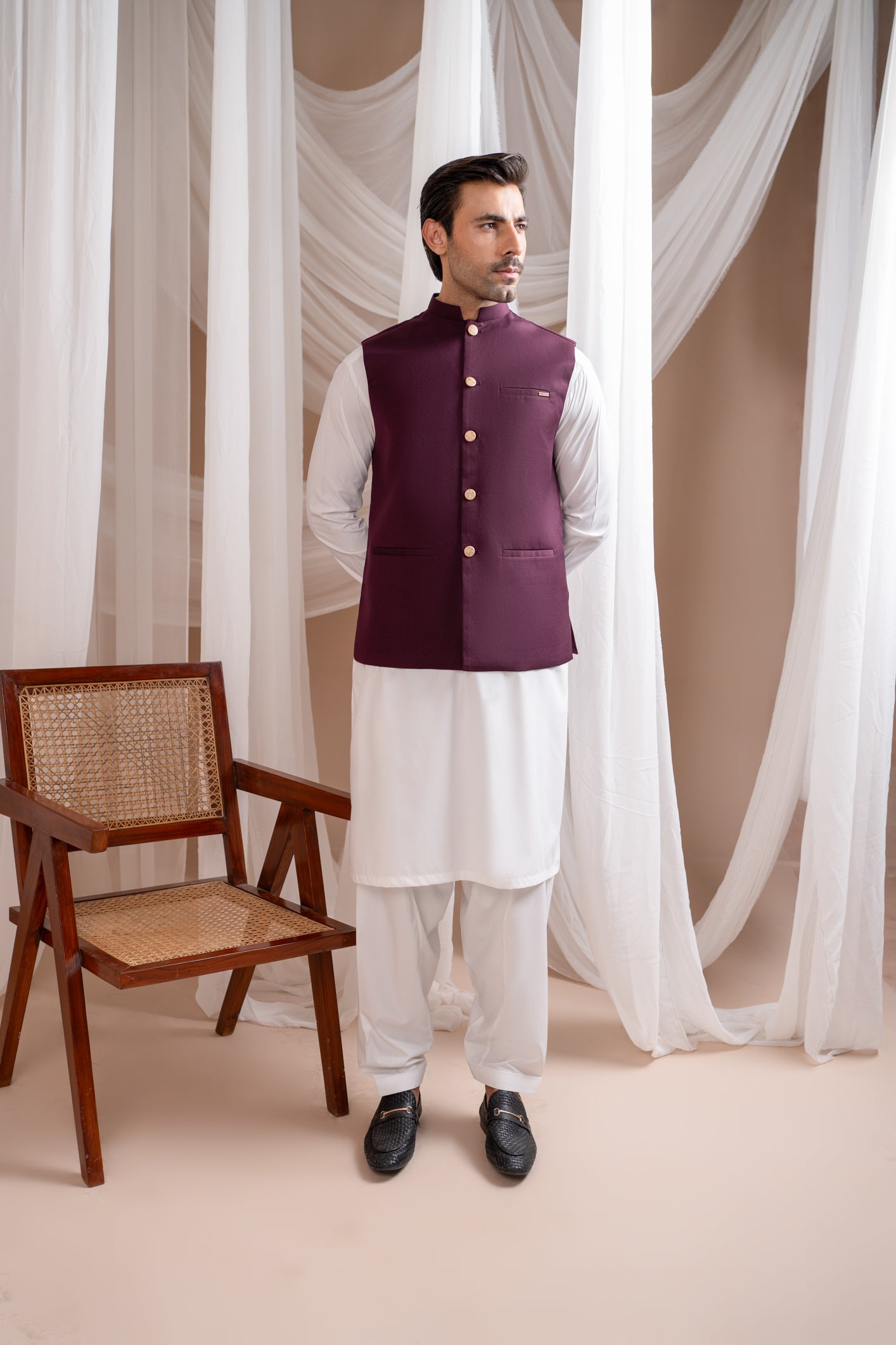 Off White Blended Kurta Shalwar with Burgundy Waistcoat (3-Piece) - Image 1