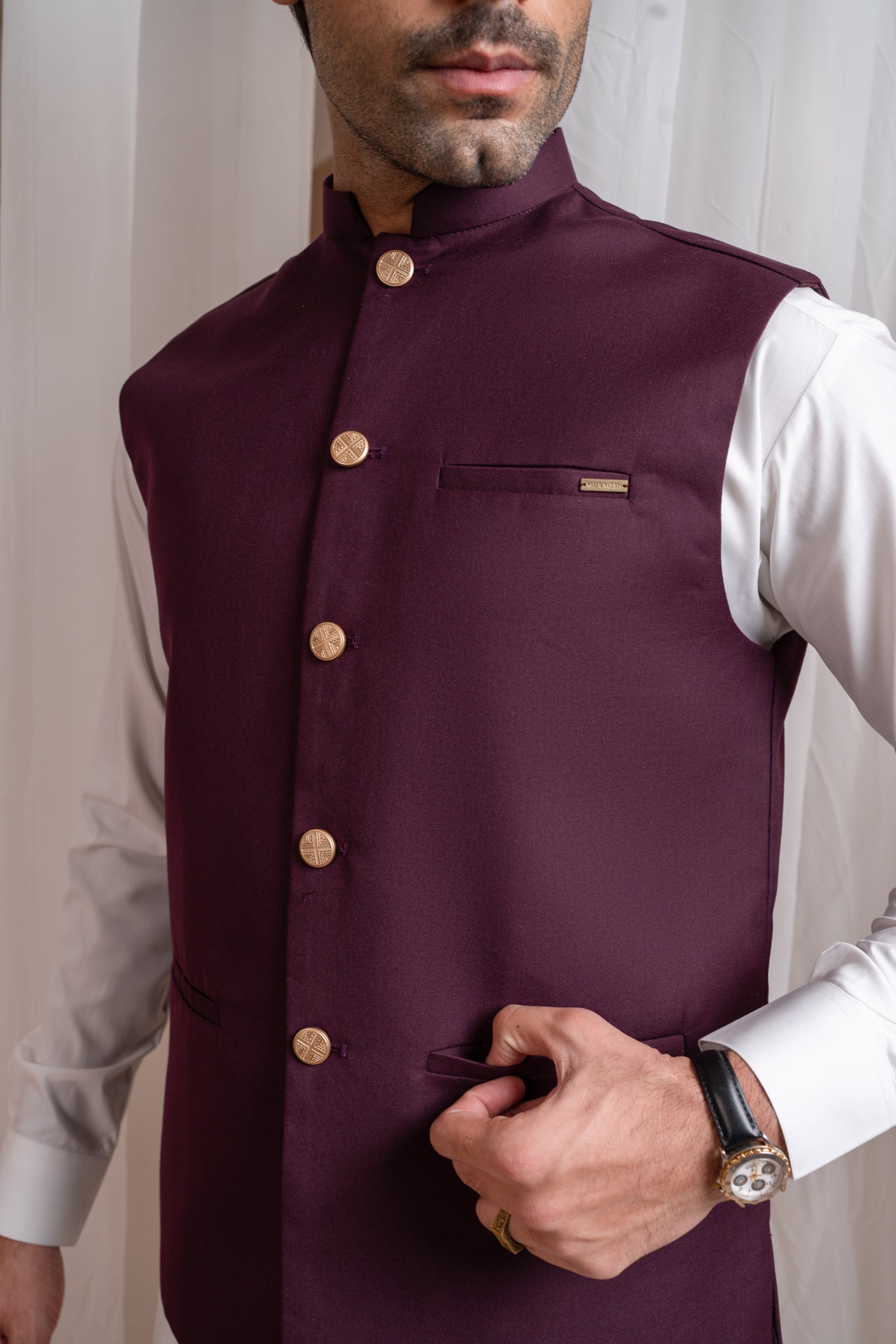 Off White Blended Kurta Shalwar with Burgundy Waistcoat (3-Piece) - Image 2