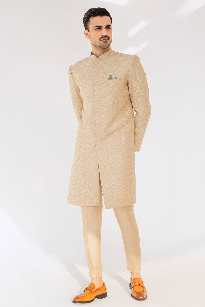 Camel Motif Embroidered Raw Silk Sherwani (2-Piece) - Image 3