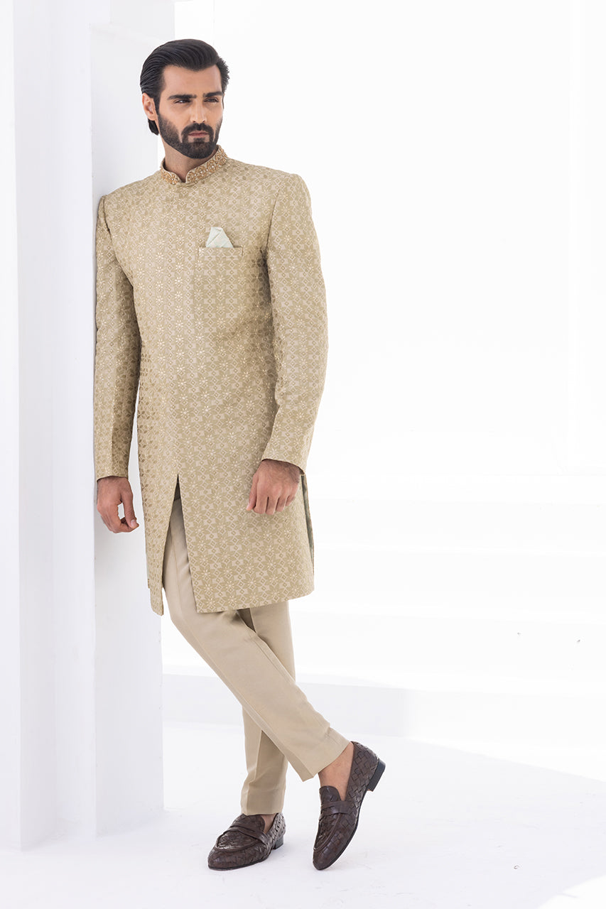Camel Embroidered Raw Silk Achkan Sherwani (2-Piece) - Image 1