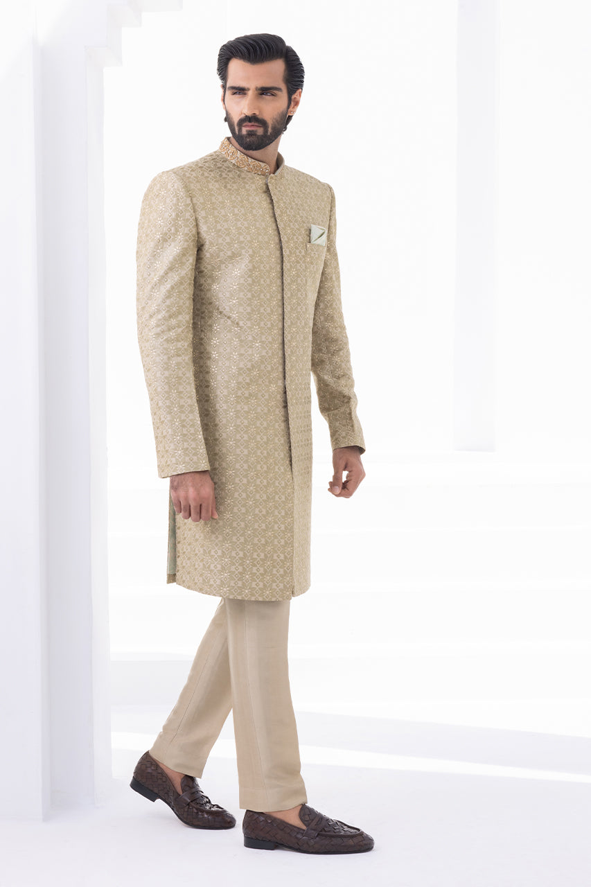 Camel Embroidered Raw Silk Achkan Sherwani (2-Piece) - Image 3