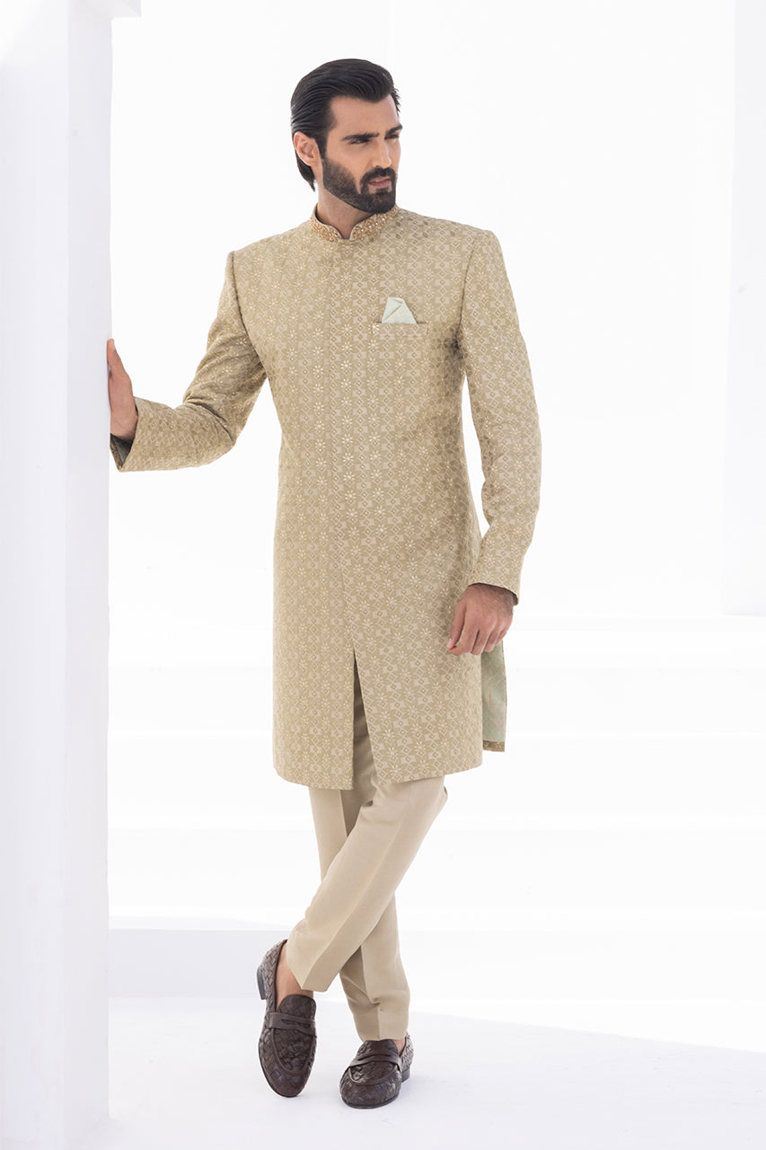 Camel Embroidered Raw Silk Achkan Sherwani (2-Piece) - Image 5