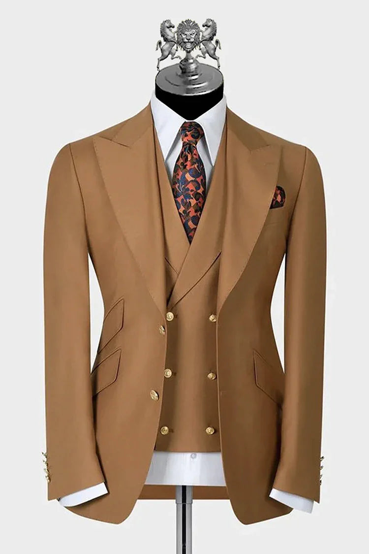 Camel Golden Beige Suiting Fabric 3-Piece Groom Suit - Image 1