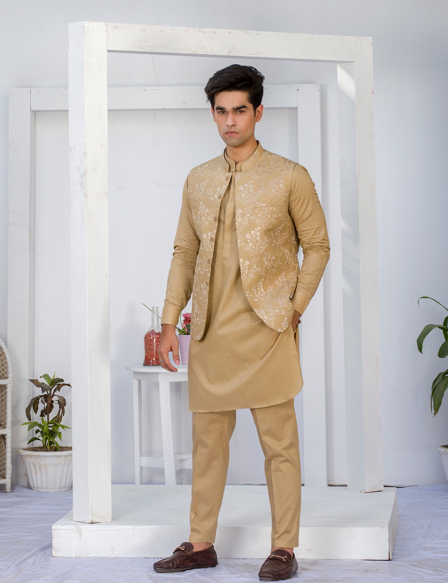 Camel Brown Embroidered Cotton Waistcoat Kurta (3-Piece) - Image 1