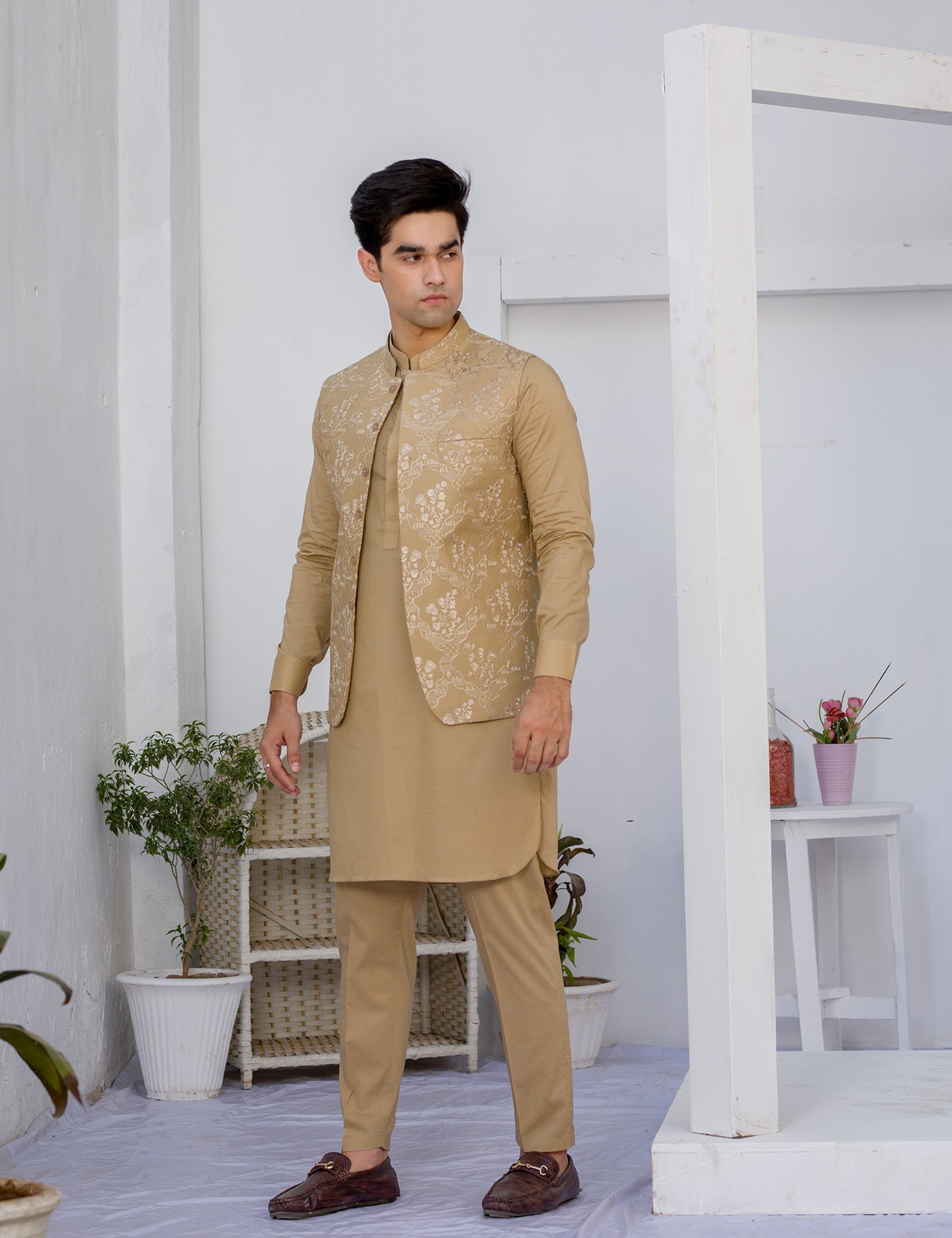 Camel Brown Embroidered Cotton Waistcoat Kurta (3-Piece) - Image 2