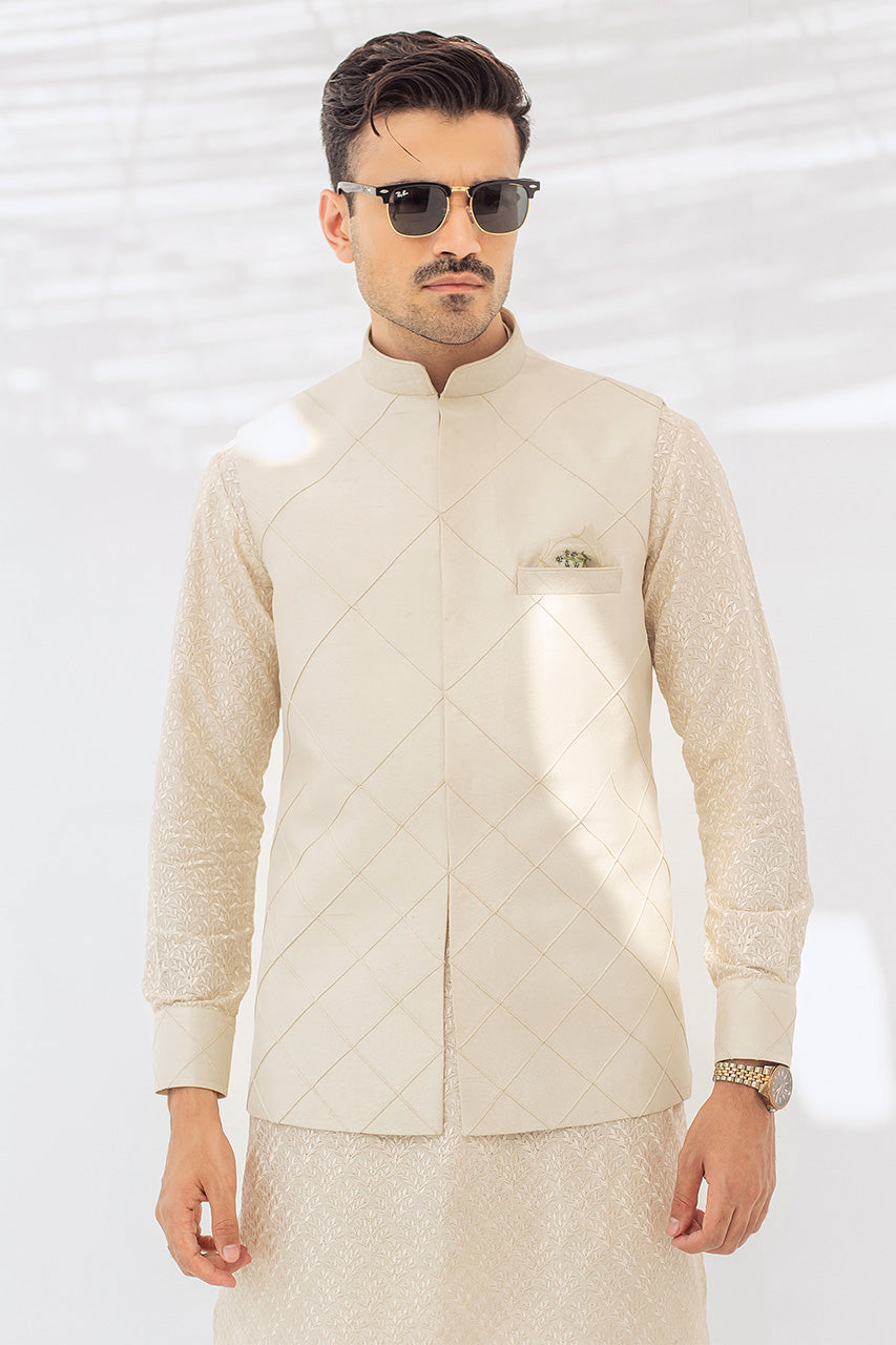 Light Camel Embroidered Raw Silk Waistcoat Kurta (3-Piece) - Image 2