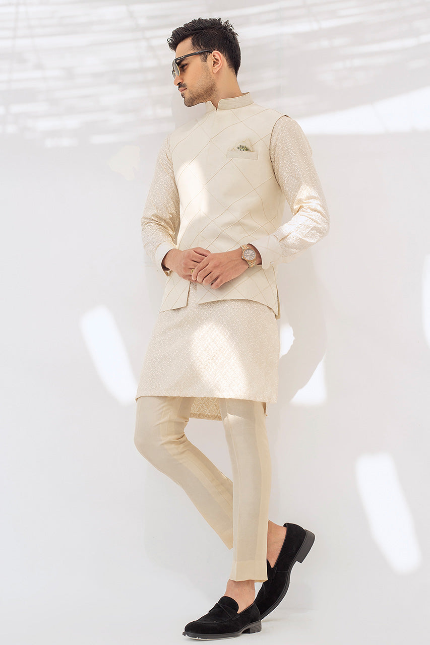 Light Camel Embroidered Raw Silk Waistcoat Kurta (3-Piece) - Image 3
