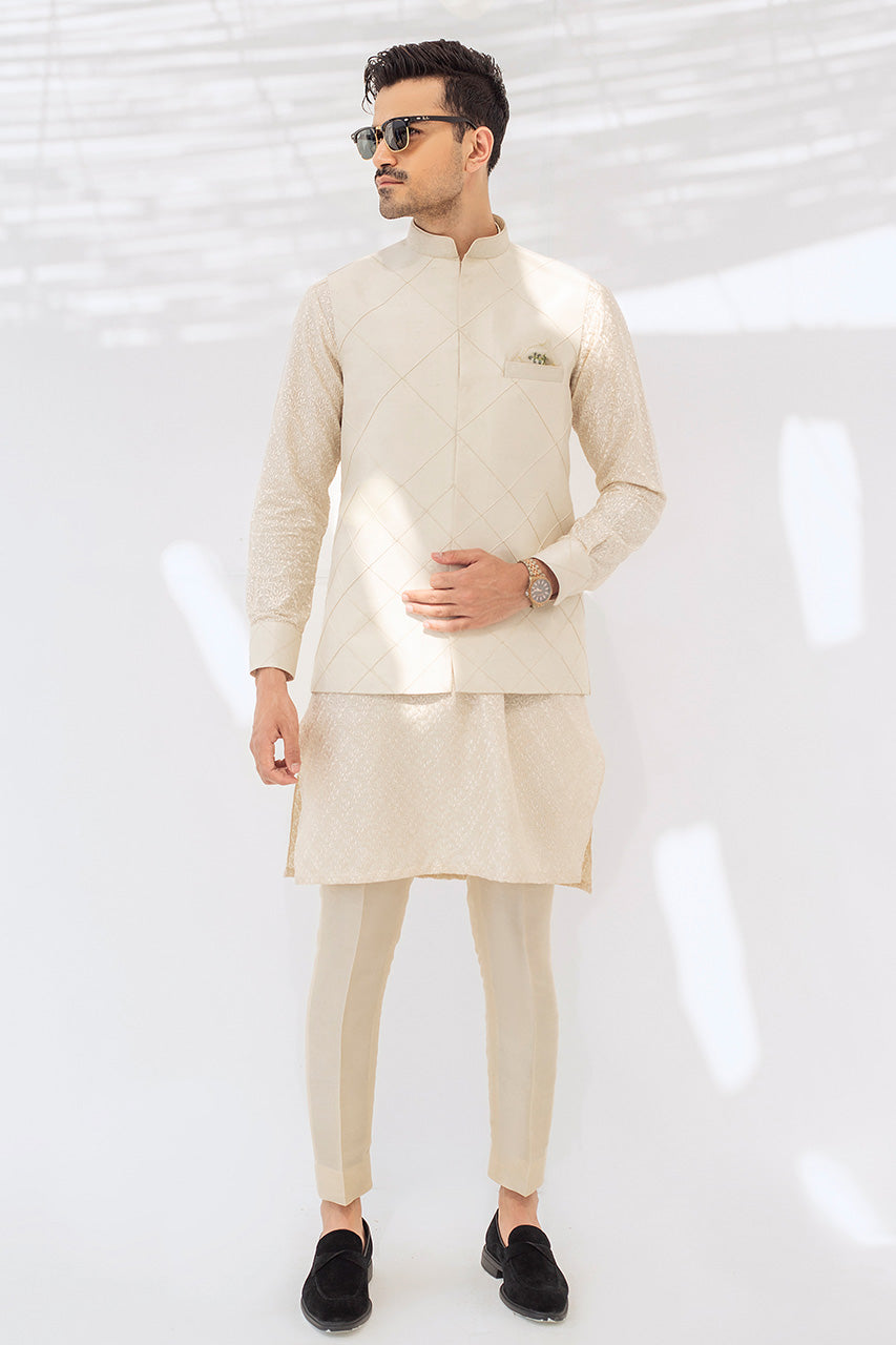 Light Camel Embroidered Raw Silk Waistcoat Kurta (3-Piece) - Image 1