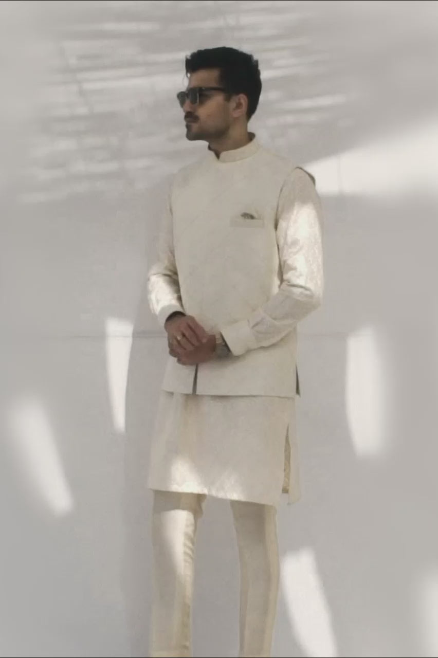 Light Camel Embroidered Raw Silk Waistcoat Kurta (3-Piece) - Image 4