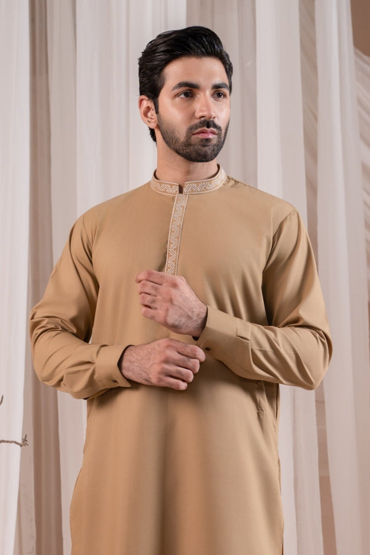 Camel Embroidered Blended Fabric Kurta Shalwar (2-Piece) - Image 1