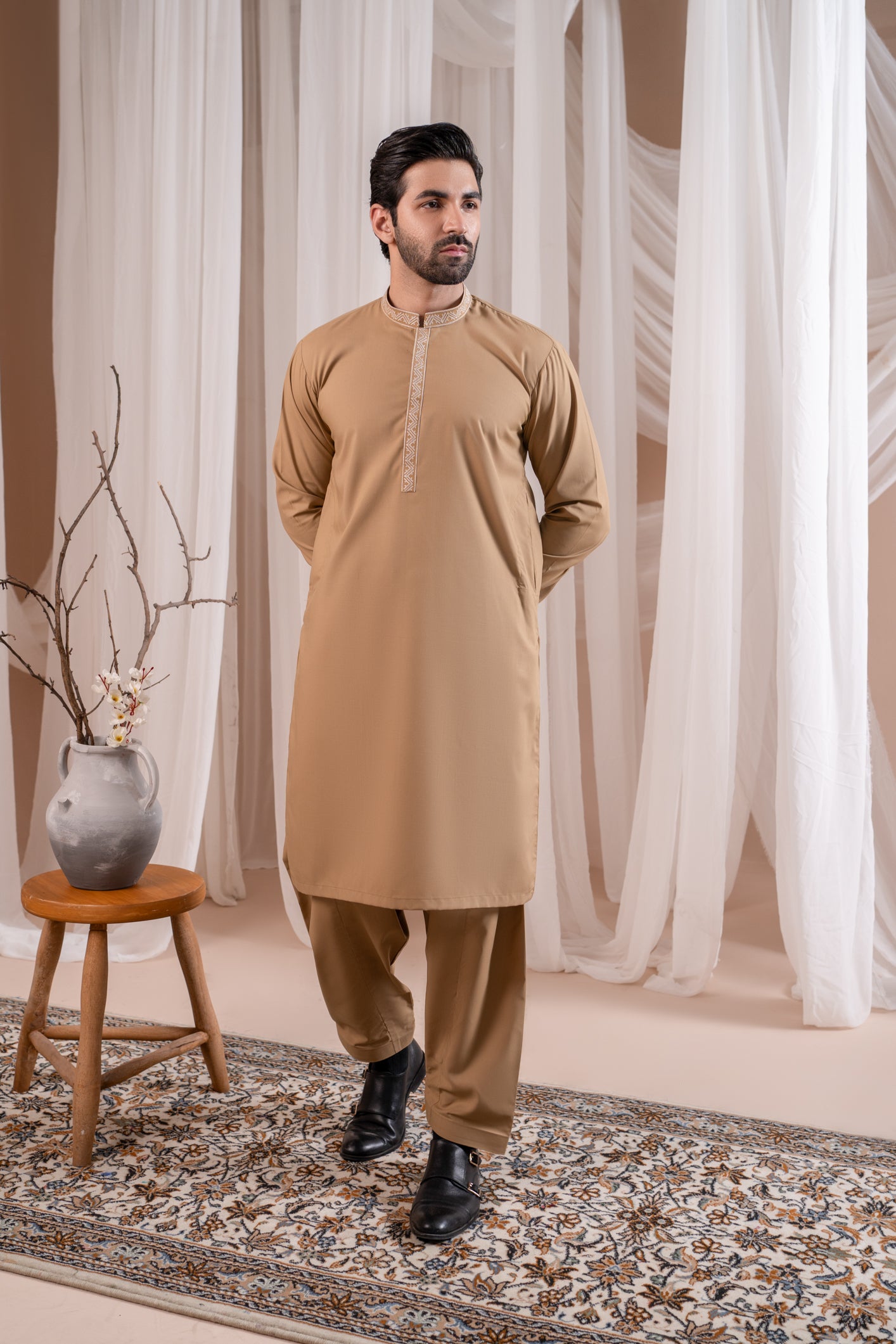 Camel Embroidered Blended Fabric Kurta Shalwar (2-Piece) - Image 3