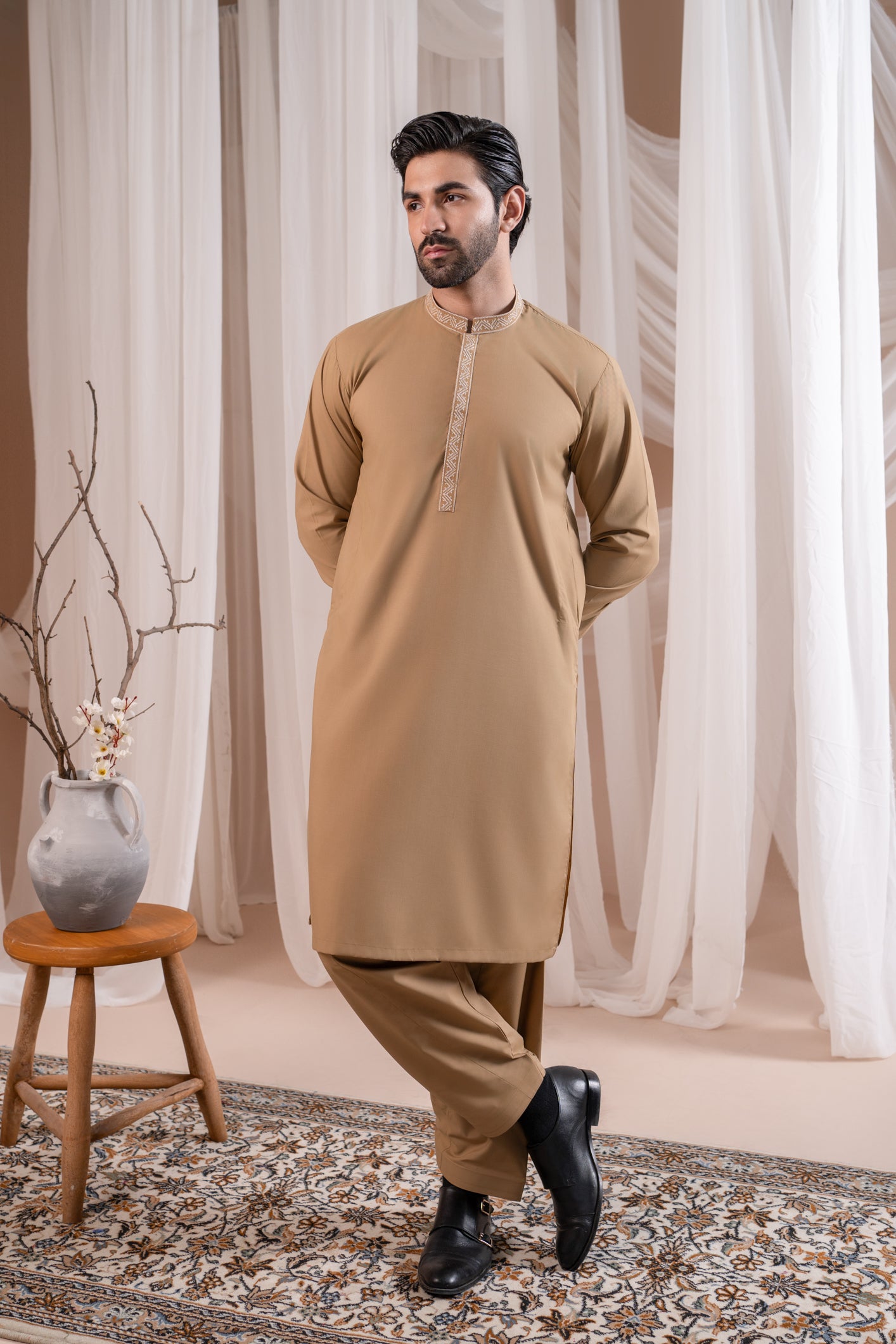 Camel Embroidered Blended Fabric Kurta Shalwar (2-Piece) - Image 5