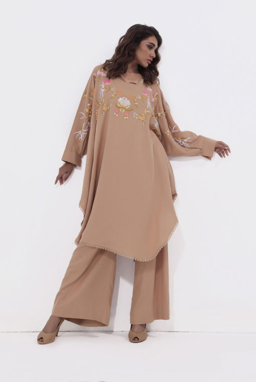 Pakistani Camel Embroidered Pure Irish Cotton Salwar Kameez (2-Piece) - Image 1
