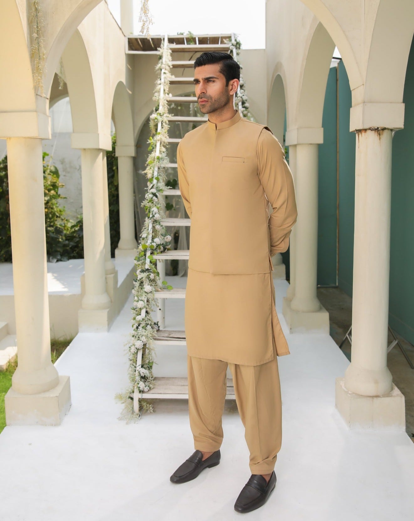 Camel Minimalist Blended Waistcoat Kurta (3-Piece) - Image 1