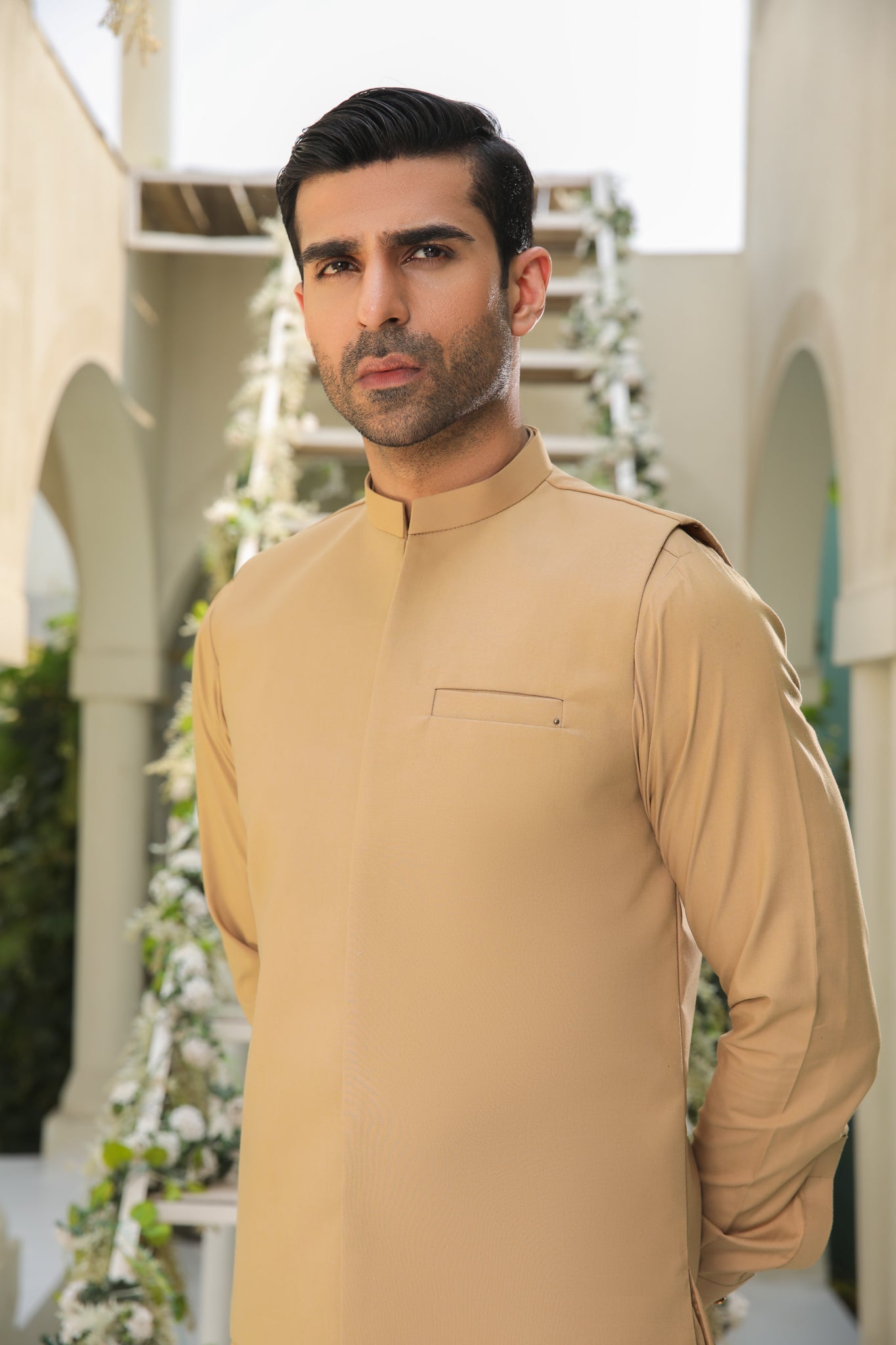 Camel Minimalist Blended Waistcoat Kurta (3-Piece) - Image 2