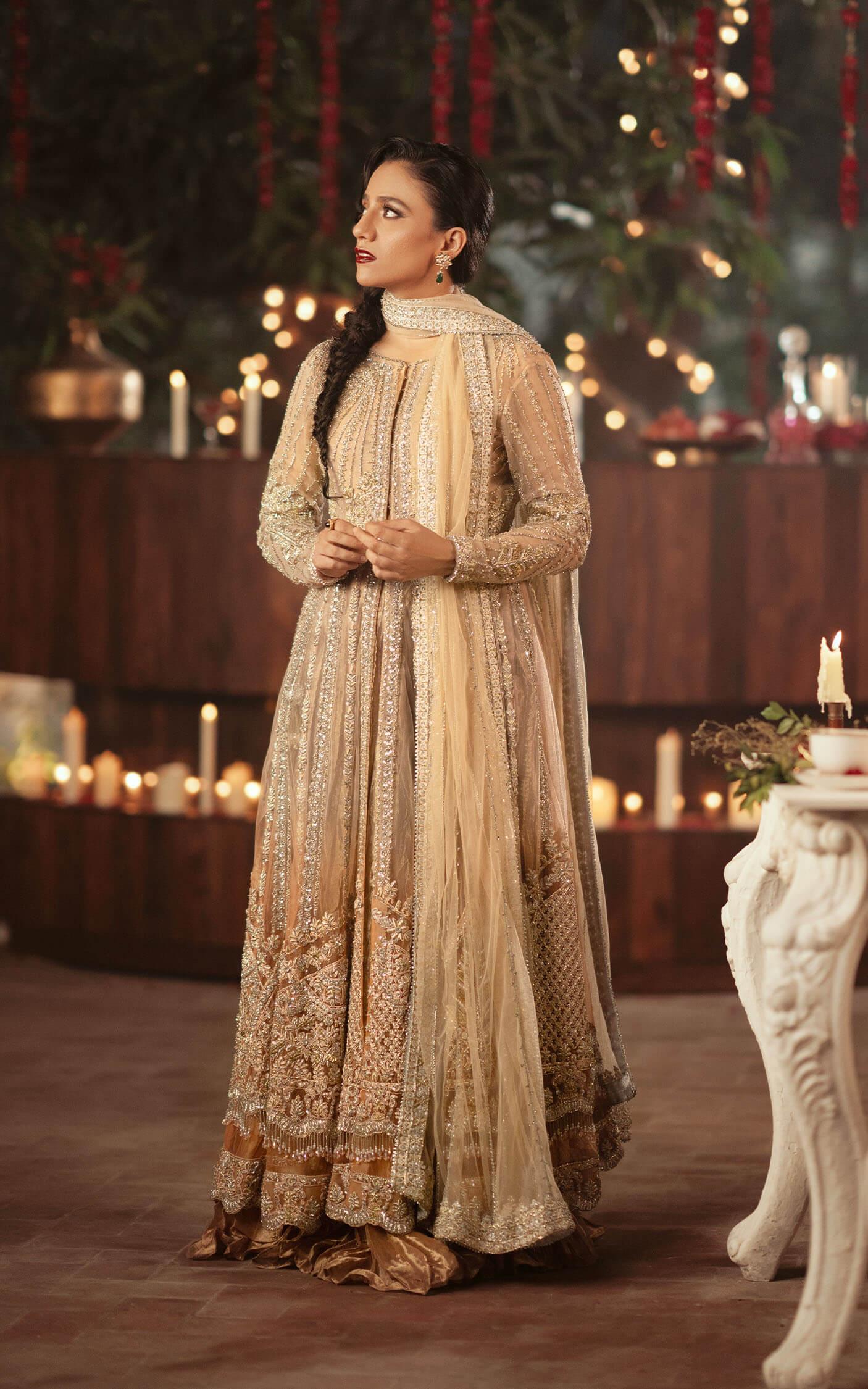 Pakistani Coffee & Champagne Net Lehenga Gown (3-Piece) - Image 1