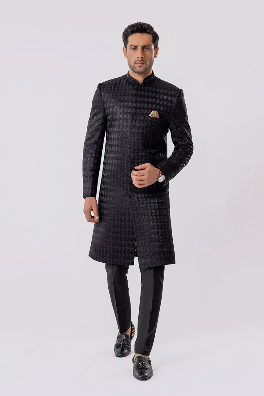 Charcoal Embroidered Raw Silk Sherwani (2-Piece) - Image 1