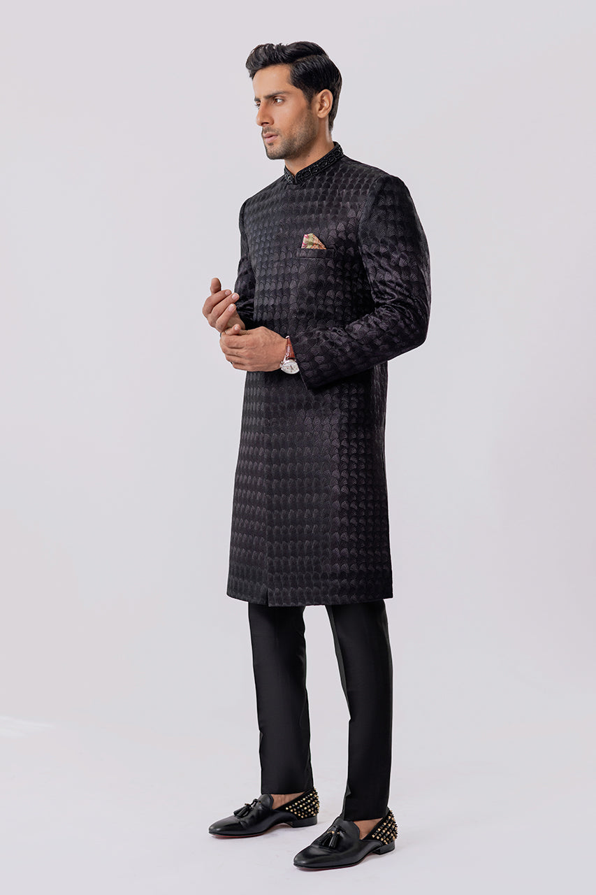 Charcoal Embroidered Raw Silk Sherwani (2-Piece) - Image 3