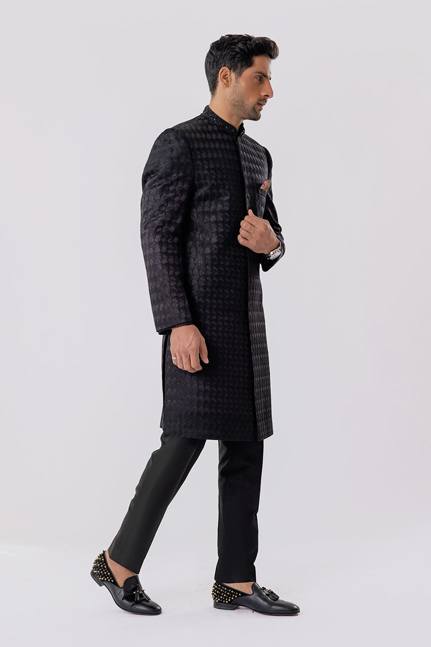 Charcoal Embroidered Raw Silk Sherwani (2-Piece) - Image 4