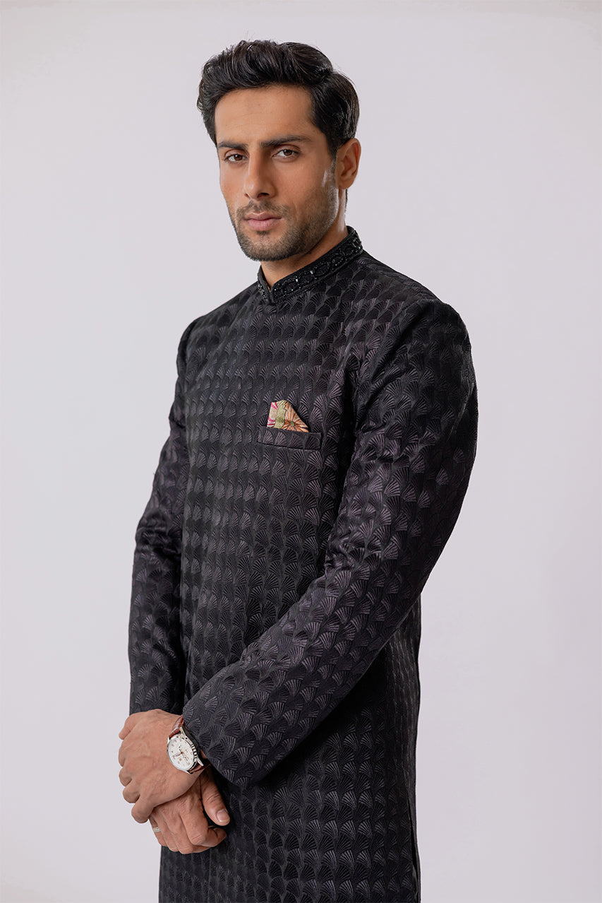 Charcoal Embroidered Raw Silk Sherwani (2-Piece) - Image 6