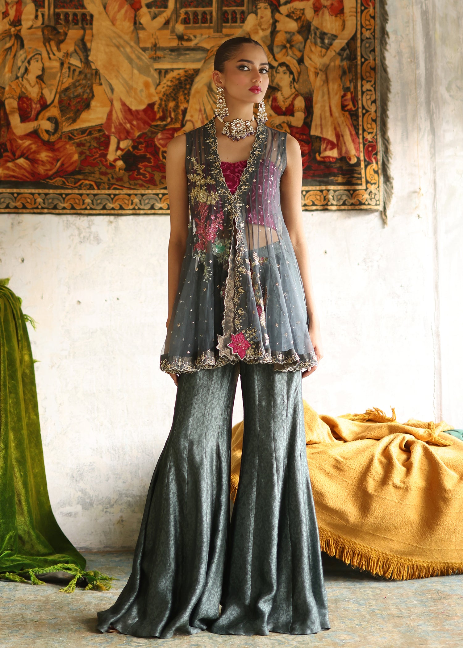 Indian Charcoal Embroidered Organza Jacket & Silk Palazzo (2-Piece) - Image 1