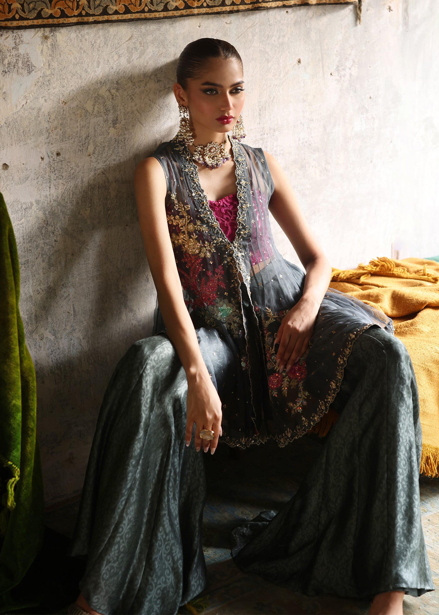 Indian Charcoal Embroidered Organza Jacket & Silk Palazzo (2-Piece) - Image 10