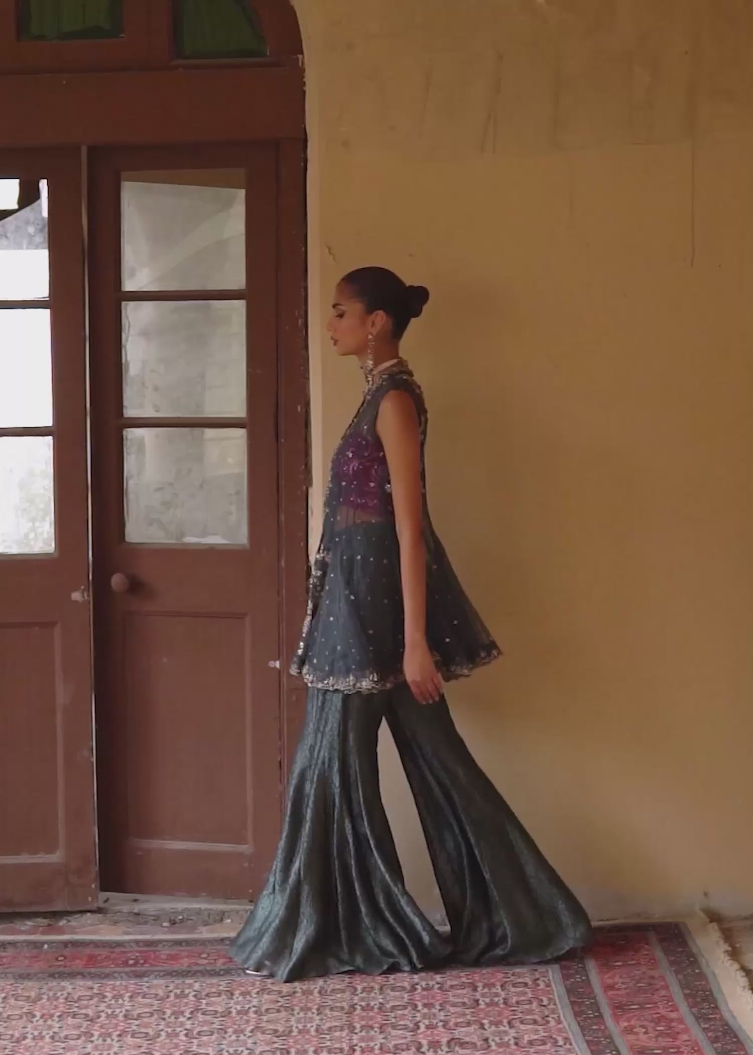 Indian Charcoal Embroidered Organza Jacket & Silk Palazzo (2-Piece) - Image 11