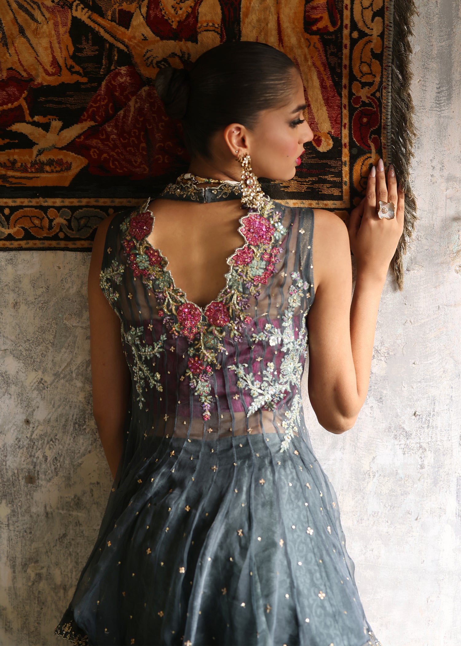 Indian Charcoal Embroidered Organza Jacket & Silk Palazzo (2-Piece) - Image 2