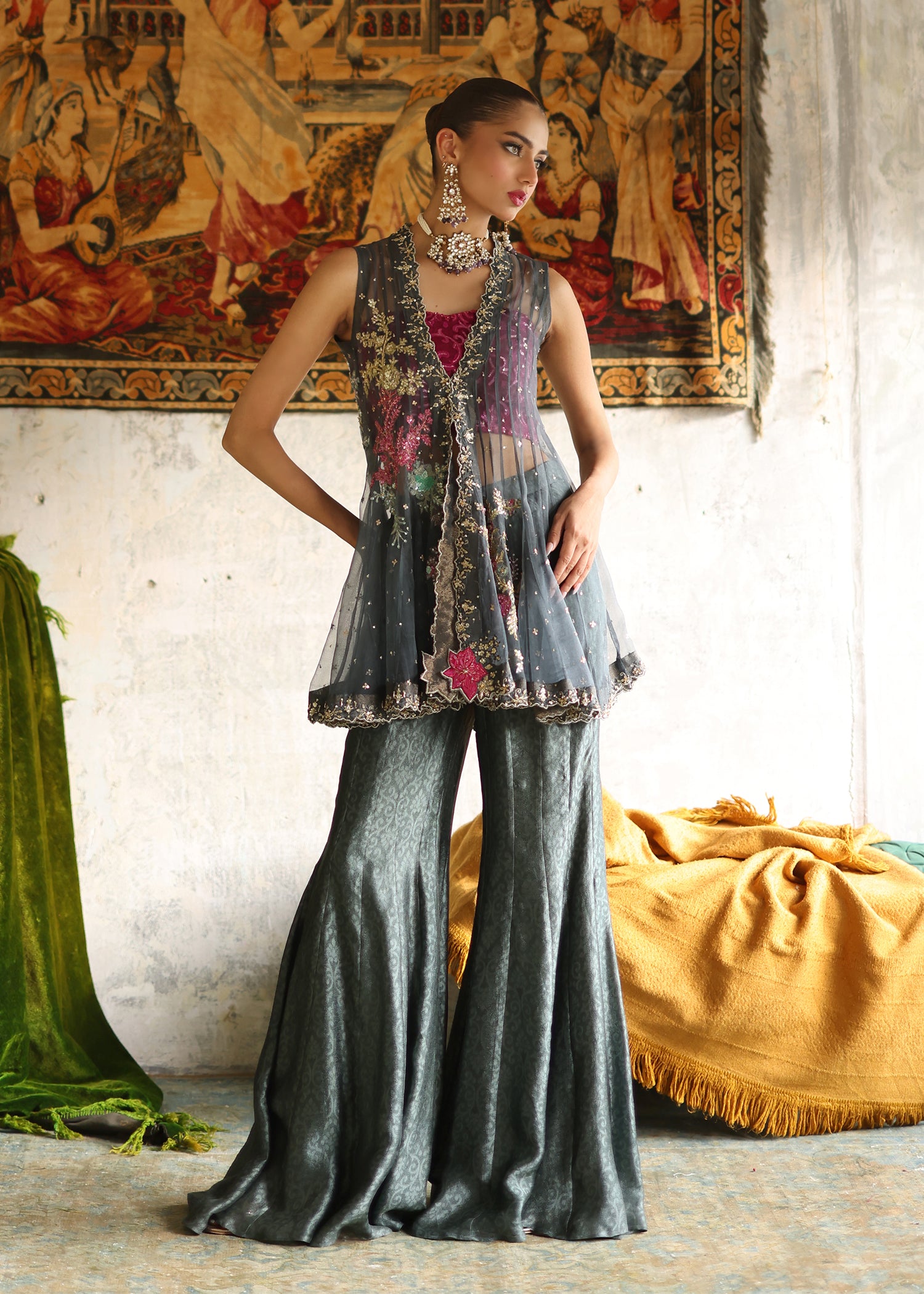 Indian Charcoal Embroidered Organza Jacket & Silk Palazzo (2-Piece) - Image 4
