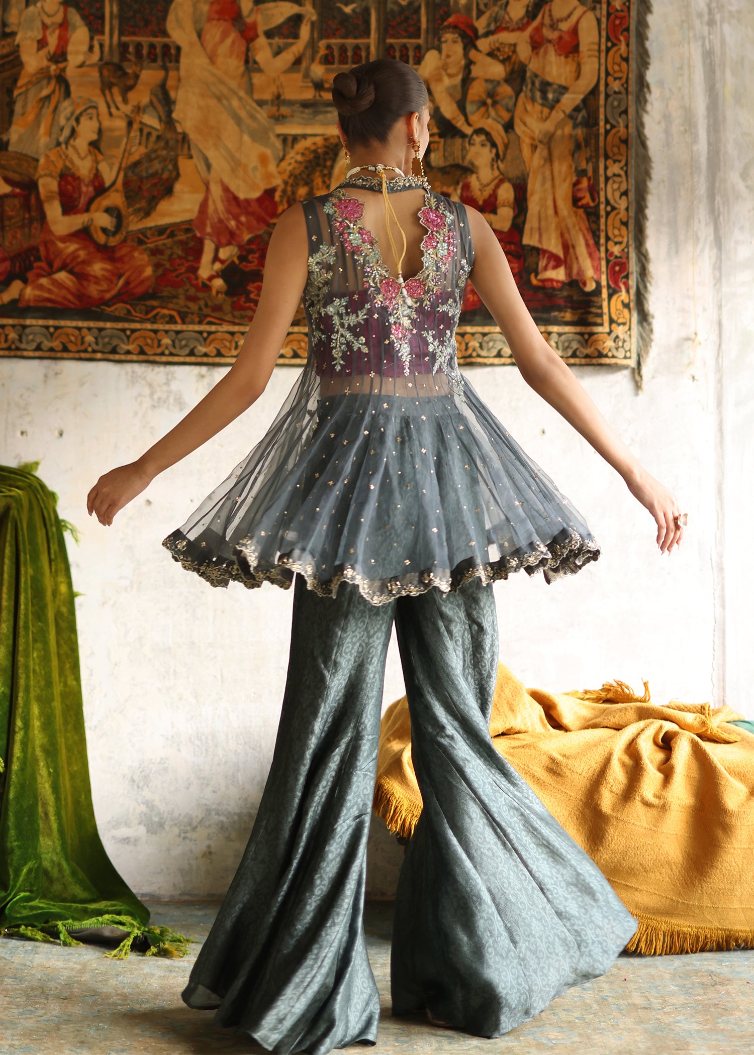 Indian Charcoal Embroidered Organza Jacket & Silk Palazzo (2-Piece) - Image 5