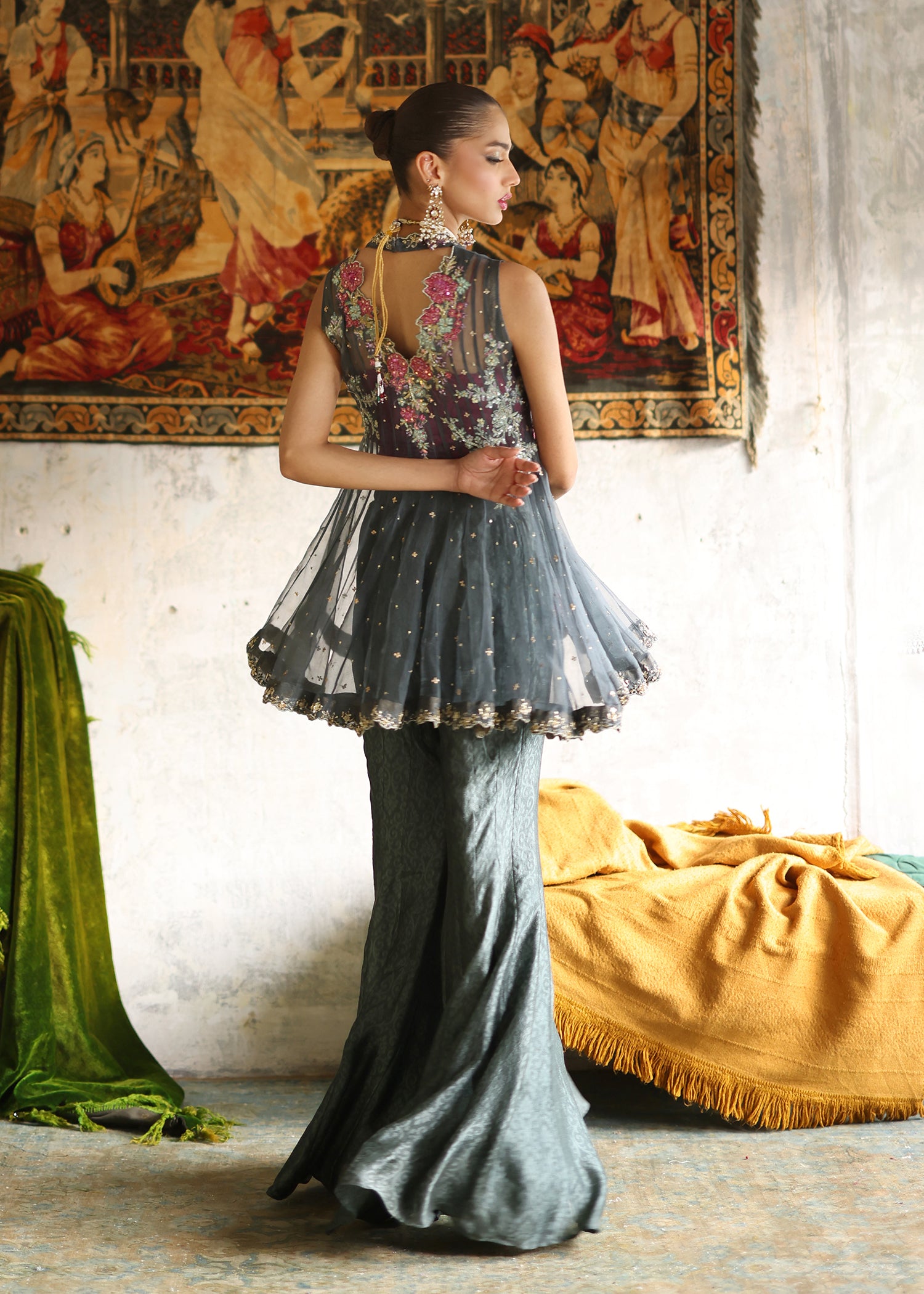 Indian Charcoal Embroidered Organza Jacket & Silk Palazzo (2-Piece) - Image 6