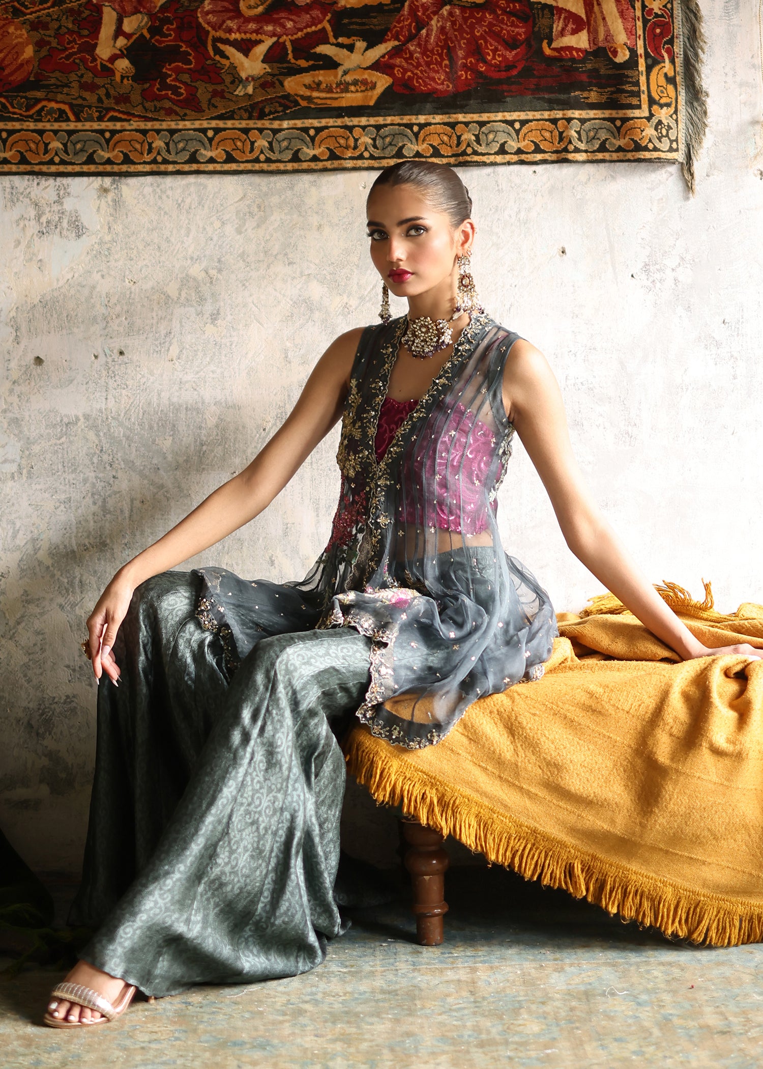 Indian Charcoal Embroidered Organza Jacket & Silk Palazzo (2-Piece) - Image 8