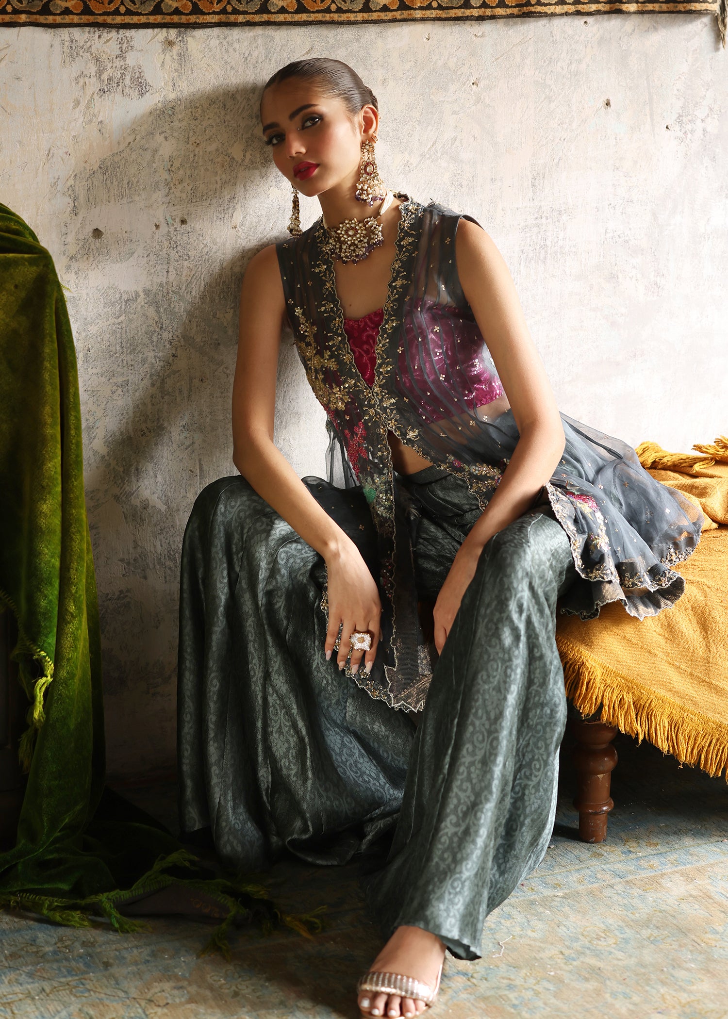 Indian Charcoal Embroidered Organza Jacket & Silk Palazzo (2-Piece) - Image 9