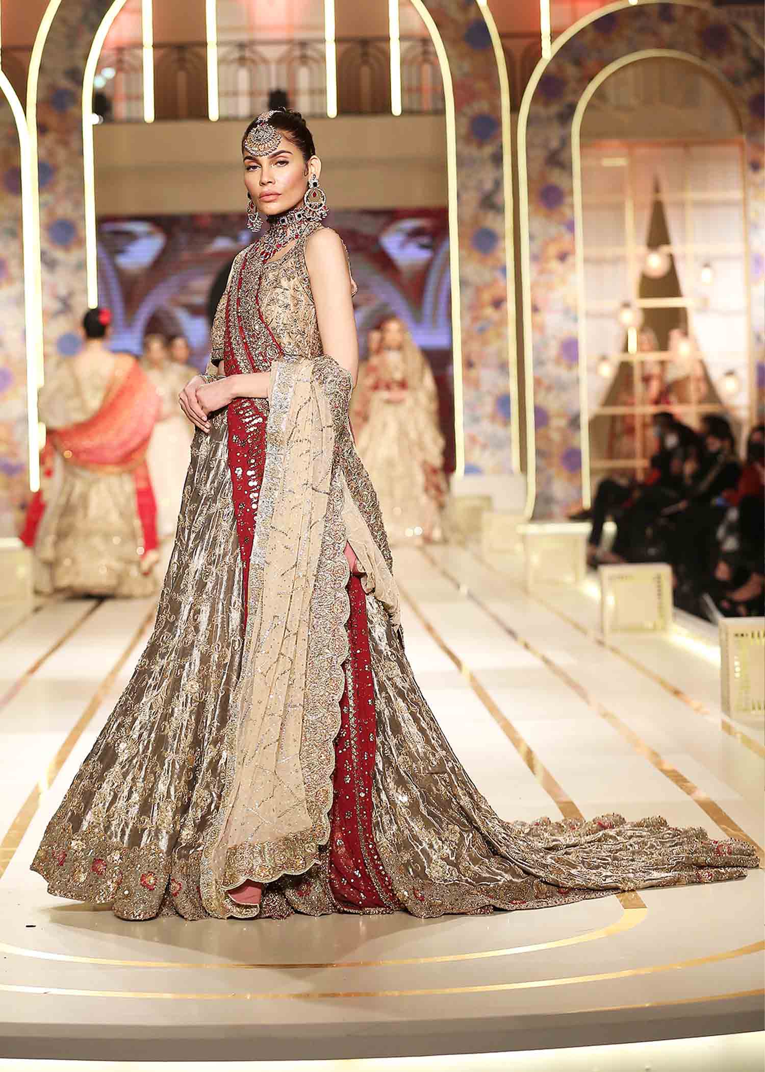 Pakistani Charcoal Bronze Embellished Atlas Lame Bridal Lehenga (3-Piece) - Image 1