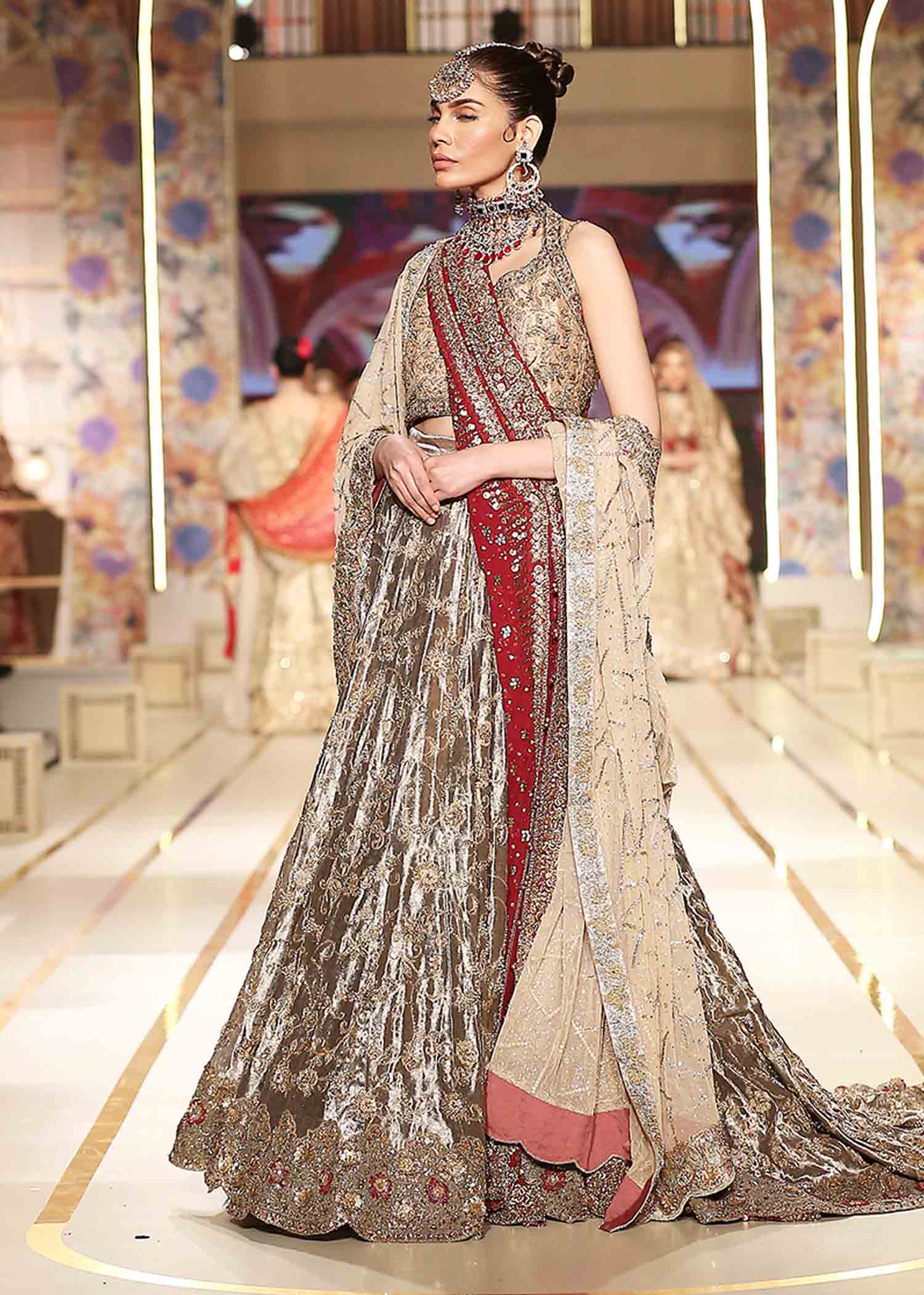 Pakistani Charcoal Bronze Embellished Atlas Lame Bridal Lehenga (3-Piece) - Image 2