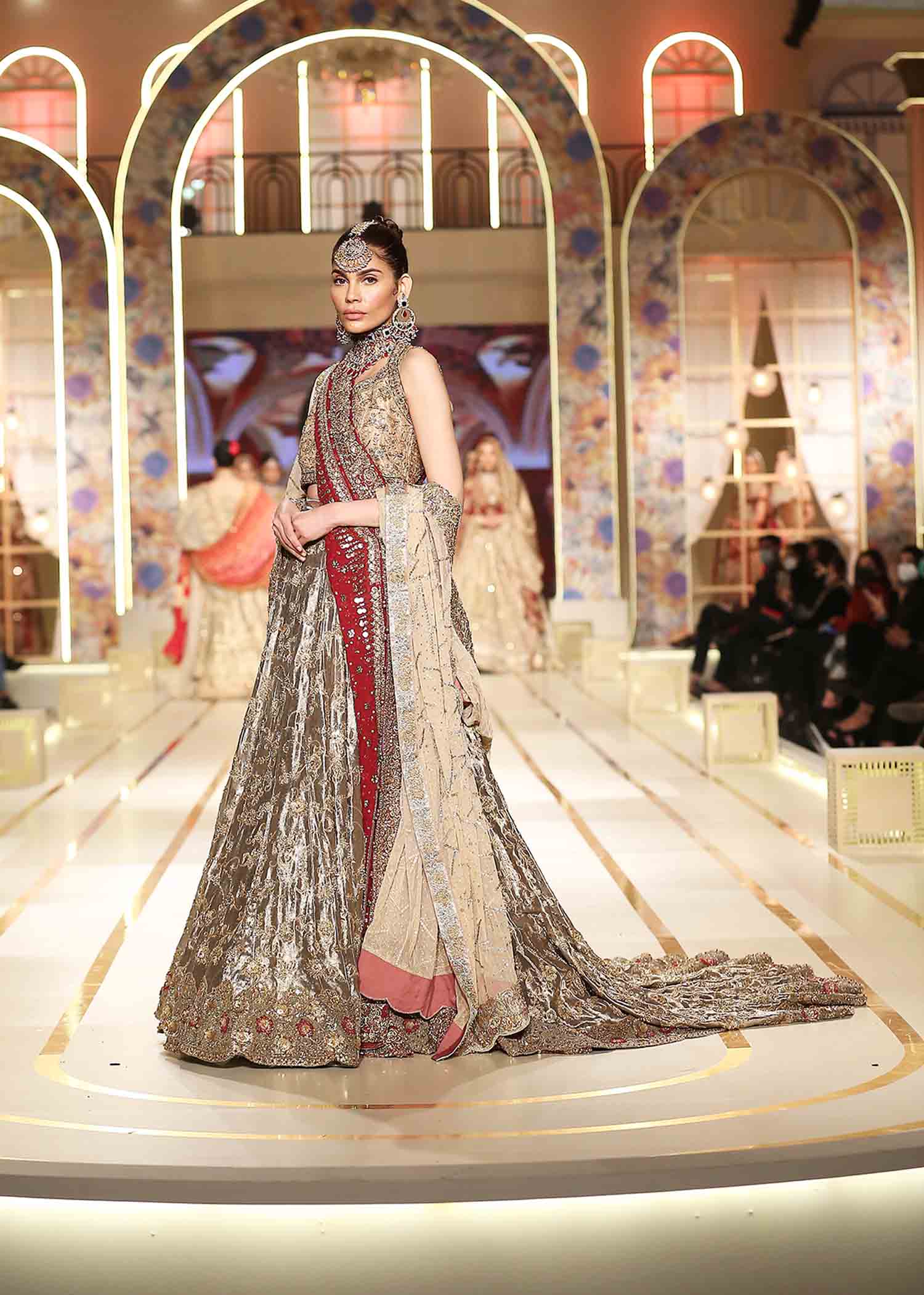 Pakistani Charcoal Bronze Embellished Atlas Lame Bridal Lehenga (3-Piece) - Image 3