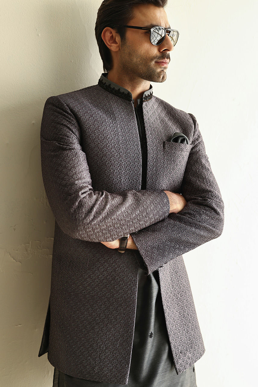 Charcoal Embroidered Raw Silk Prince Coat (3-Piece) - Image 5