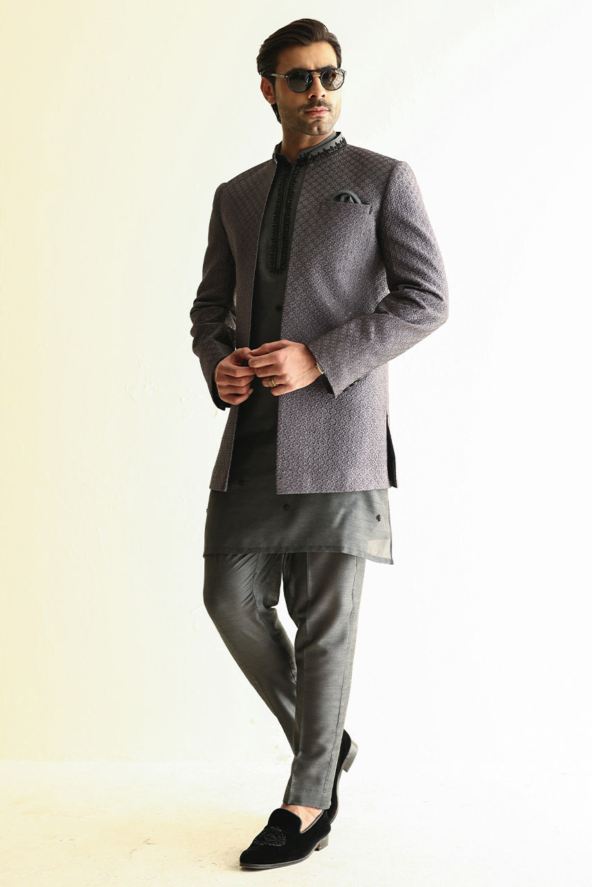 Charcoal Embroidered Raw Silk Prince Coat (3-Piece) - Image 6