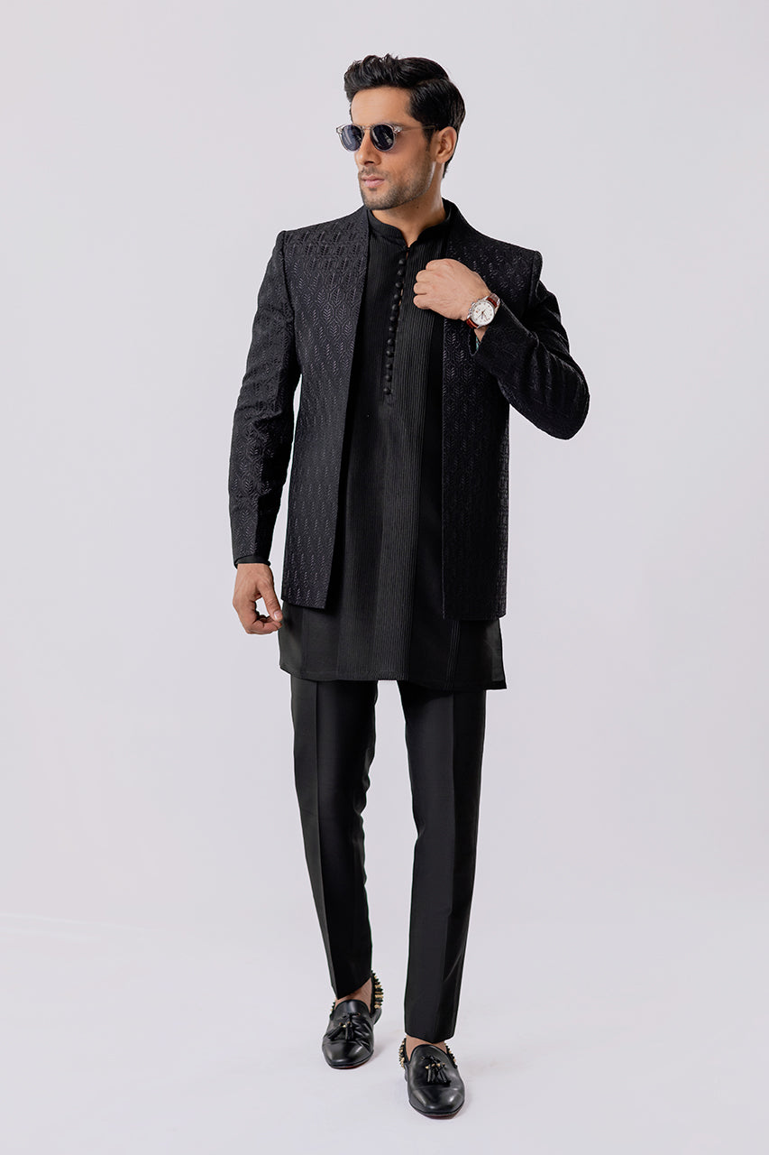Charcoal Embroidered Raw Silk Prince Coat (3-Piece) - Image 1
