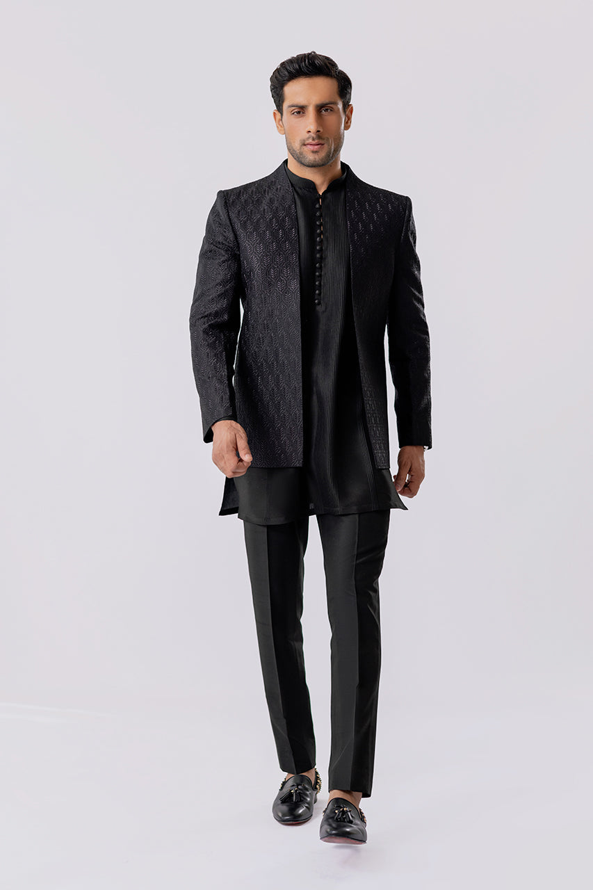 Charcoal Embroidered Raw Silk Prince Coat (3-Piece) - Image 2