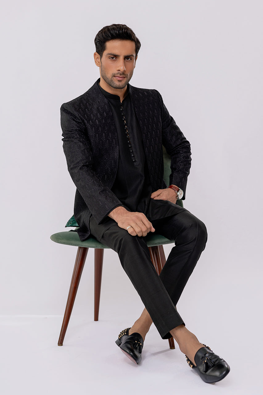 Charcoal Embroidered Raw Silk Prince Coat (3-Piece) - Image 4