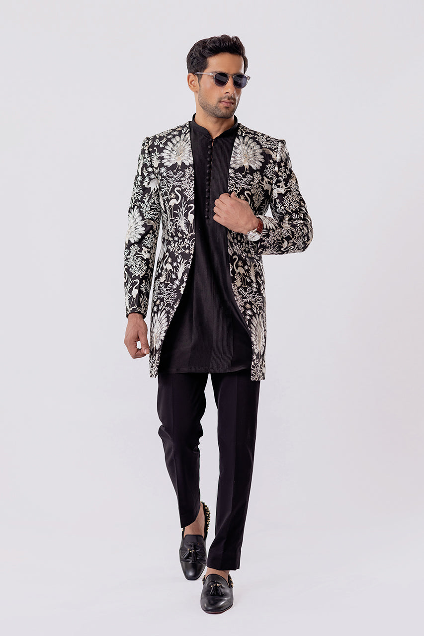 Charcoal Embroidered Raw Silk Prince Coat (3-Piece) - Image 1