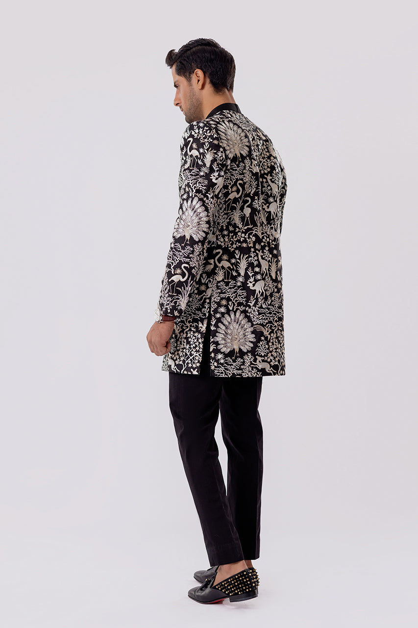 Charcoal Embroidered Raw Silk Prince Coat (3-Piece) - Image 3
