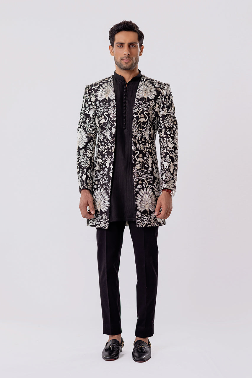Charcoal Embroidered Raw Silk Prince Coat (3-Piece) - Image 4