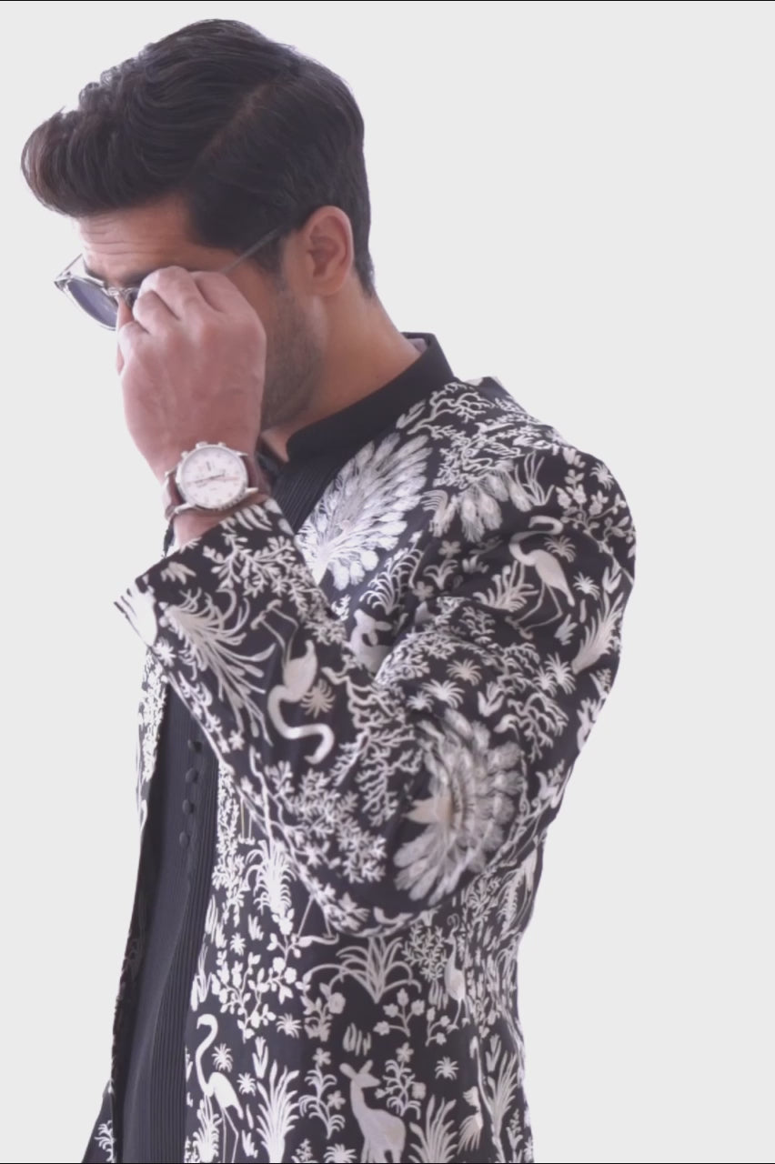 Charcoal Embroidered Raw Silk Prince Coat (3-Piece) - Image 7