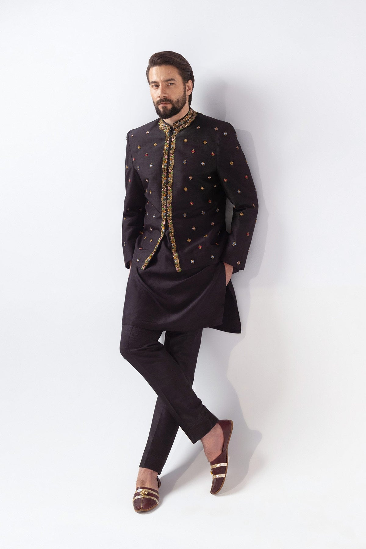 Deep Charcoal Embroidered Silk-Blend Prince Coat (3-Piece) - Image 1