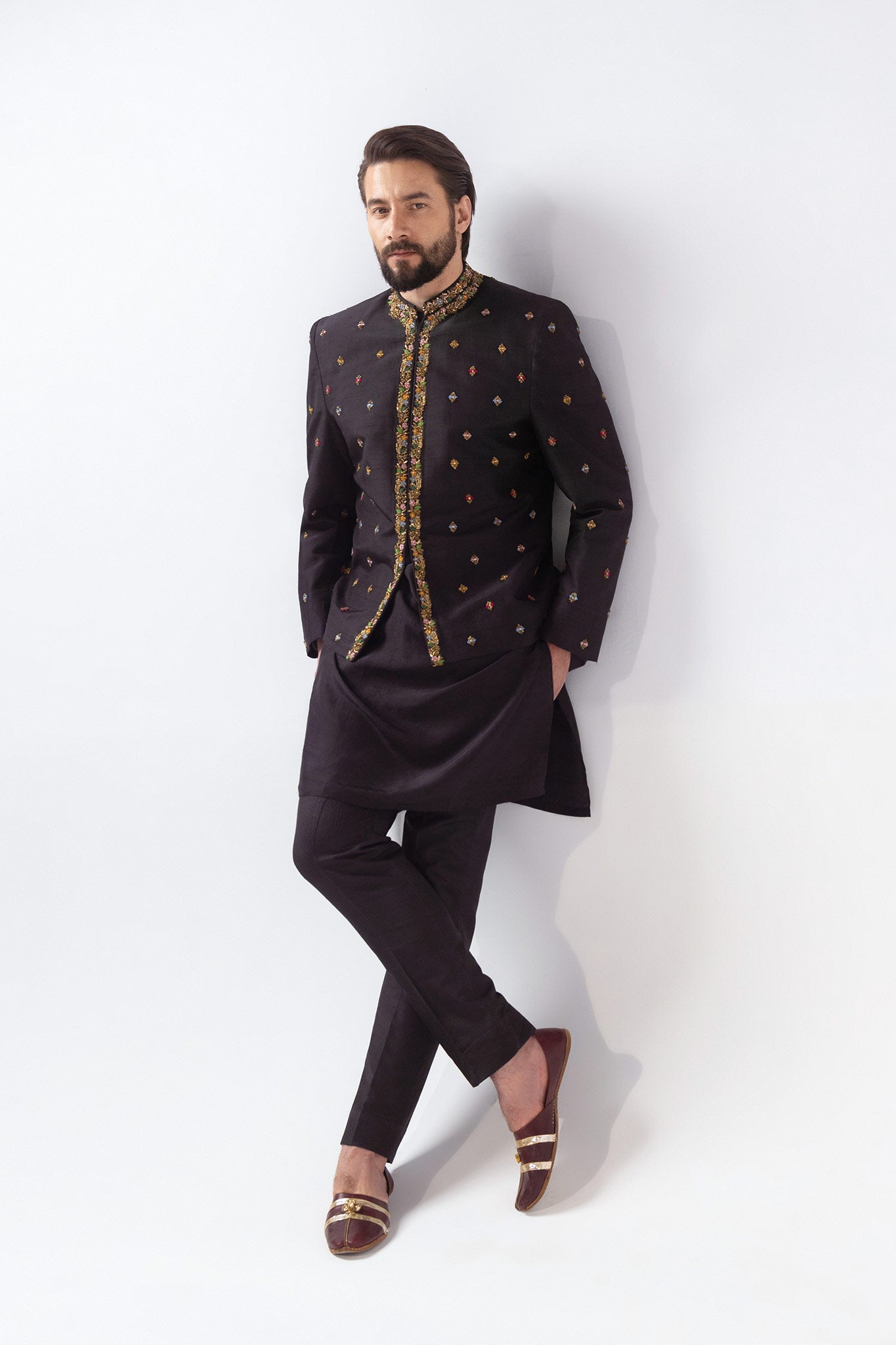 Deep Charcoal Embroidered Silk-Blend Prince Coat (3-Piece) - Image 2