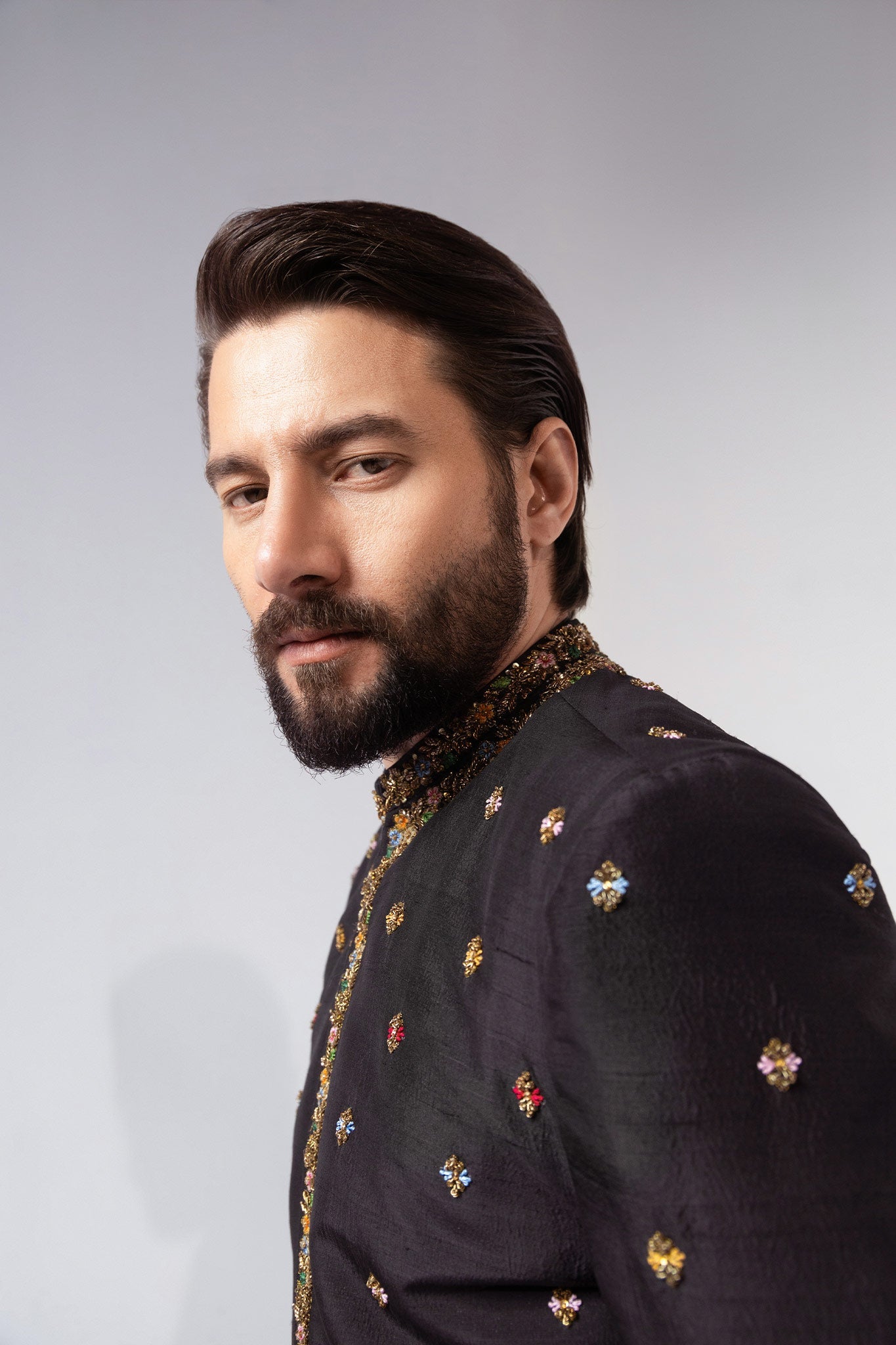 Deep Charcoal Embroidered Silk-Blend Prince Coat (3-Piece) - Image 3