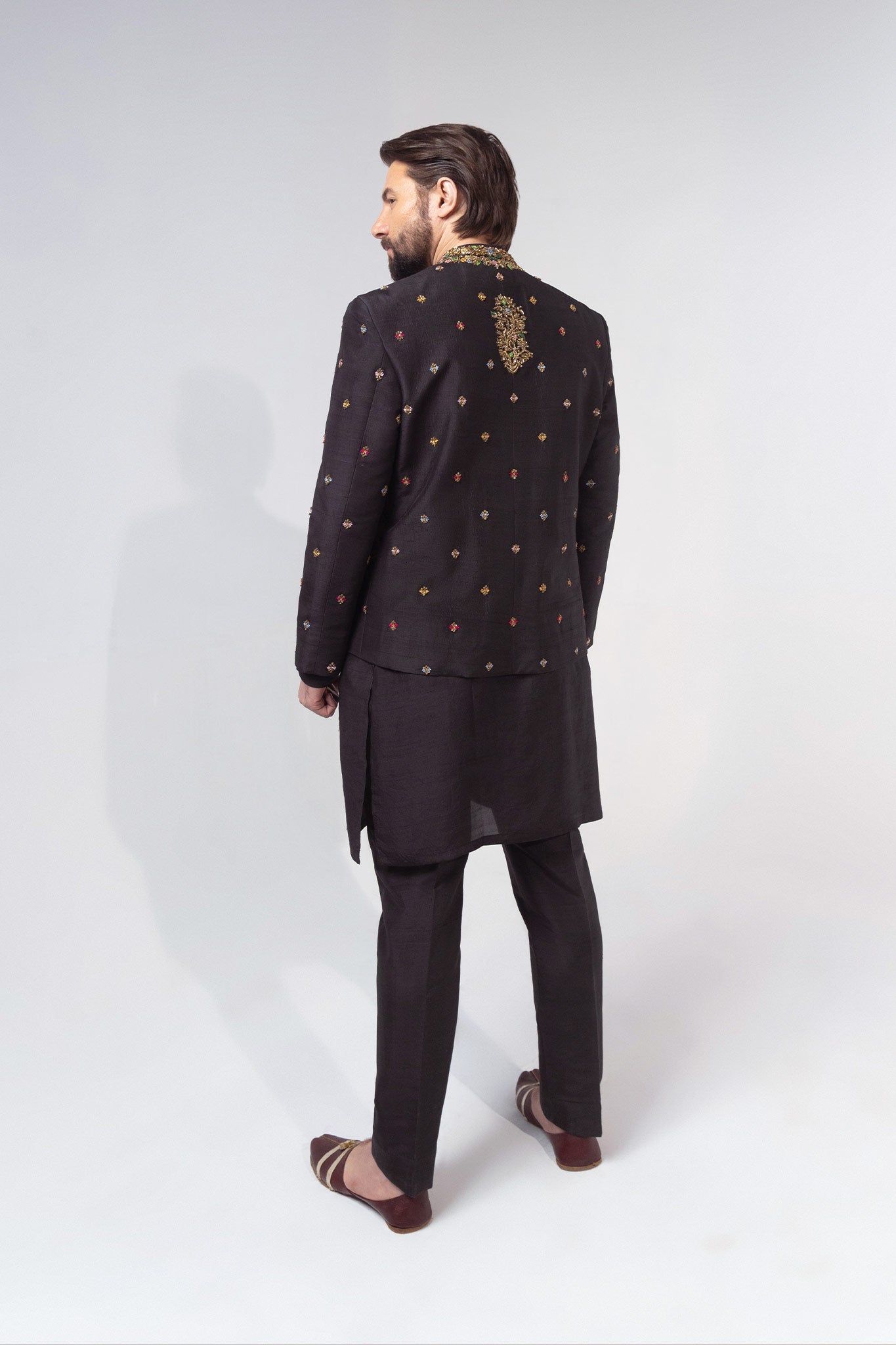 Deep Charcoal Embroidered Silk-Blend Prince Coat (3-Piece) - Image 4
